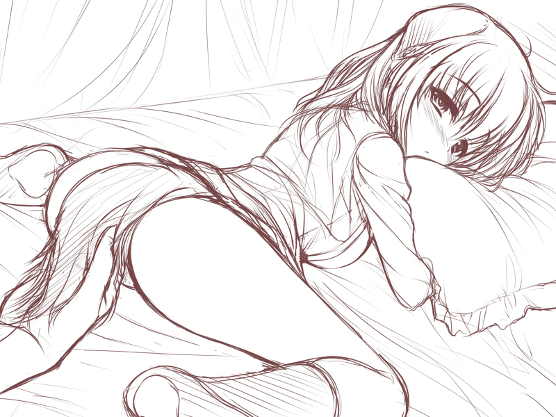 animal_ears ass bed blush bottomless copyright_request dog_ears dog_tail holding_another's_tail long_hair monochrome pillow pillow_hug short_hair sketch solo_focus tail tail_grab uni8