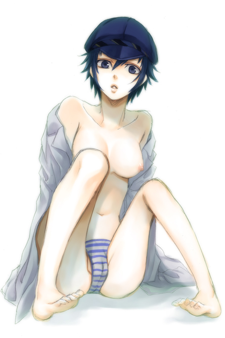 bare_shoulders barefoot blue_eyes blue_hair breasts cabbie_hat cameltoe feet hat kirishima_sou large_breasts open_clothes open_shirt panties persona persona_4 shirogane_naoto shirt short_hair solo striped striped_panties underwear undressing