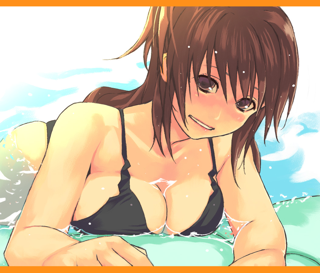 bad_id bad_pixiv_id bikini breast_press breasts brown_eyes brown_hair cleavage grin large_breasts letterboxed long_hair looking_at_viewer original raft smile solo swimsuit water wet yuuji_(and)