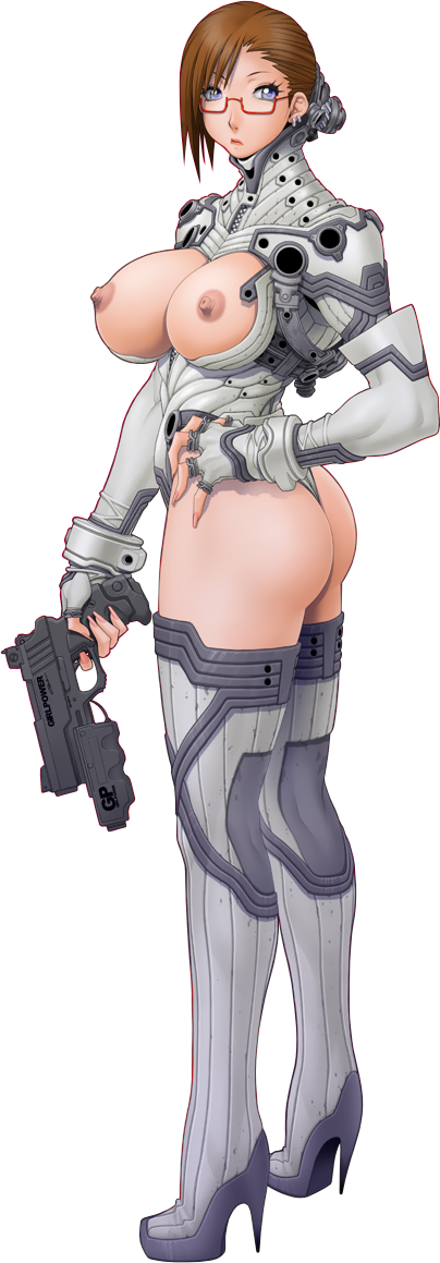 armor ass bangs blue_eyes boots breastless_clothes breasts brown_hair curvy earrings elbow_gloves fingerless_gloves fingernails glasses gloves gun hand_on_hip high_heels jewelry koutarou_(girl_power) large_breasts leotard lipstick long_fingernails looking_back makeup nail_polish nipples no_bra open_clothes original red-framed_eyewear science_fiction shoes short_hair solo standing thigh_boots thighhighs thong_leotard transparent_background turtleneck weapon zipper