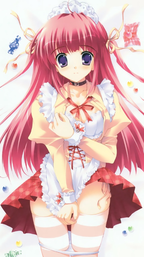 apron blush collar copyright_request covering covering_crotch hair_ribbon long_hair maid_headdress mikeou panties panty_pull purple_eyes red_hair ribbon skirt solo star star_print striped striped_legwear thighhighs underwear waitress