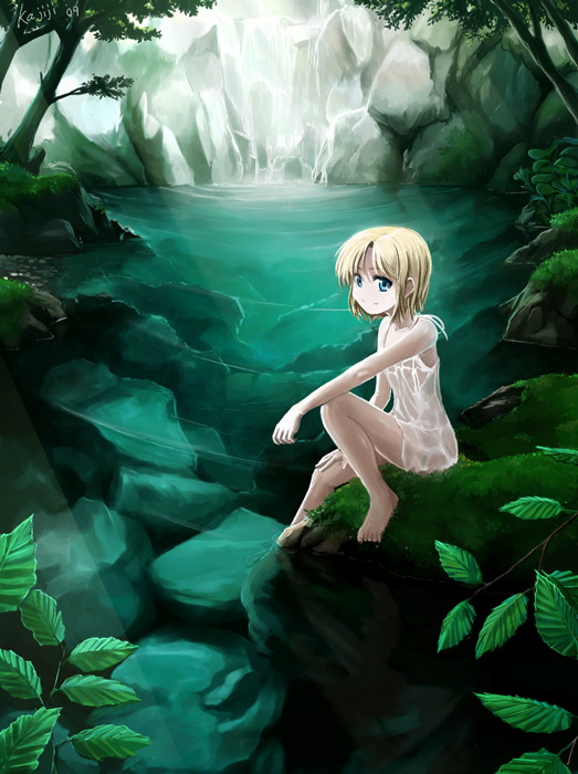 barefoot blonde_hair blue_eyes forest grass kajiji light_rays looking_at_viewer moss nature original rock see-through sitting smile soaking_feet solo sunbeam sunlight tree water waterfall wet wet_clothes