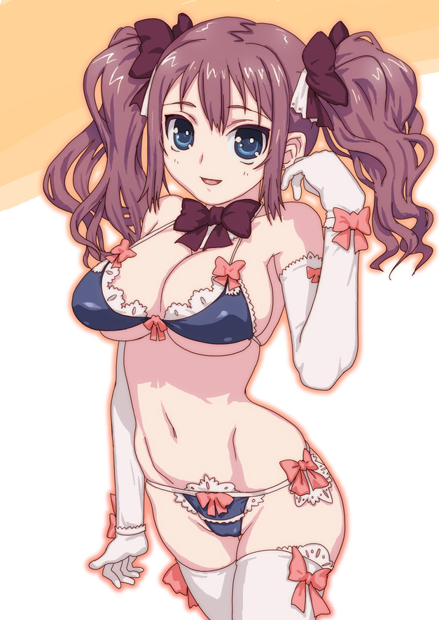 bikini blue_eyes bow breasts brown_hair cleavage elbow_gloves frills gloves hair_bow hirose_(mokiki) lace large_breasts long_hair navel original red_hair smile solo swimsuit thighhighs twintails white_legwear