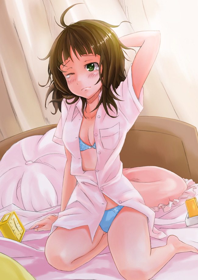 amami_haruka barefoot bed bra dress_shirt face idolmaster idolmaster_(classic) lingerie messy_hair miomio one_eye_closed open_clothes open_shirt panties shirt solo underwear