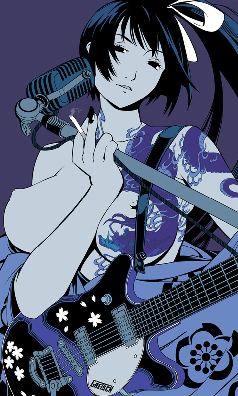 blue_hair breasts cherry_blossoms cigarette cropped flower gretsch guitar hair_ribbon instrument japanese_clothes kimono large_breasts long_hair microphone microphone_stand nail_polish natsume_aya nipples nose oogure_ito ponytail purple ribbon simple_background smoking solo tattoo tenjou_tenge topless vector_trace very_long_hair yukata