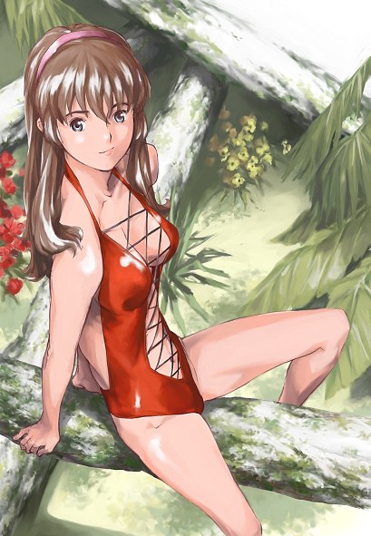 arm_support artist_request bangs bare_shoulders blue_eyes brown_hair casual_one-piece_swimsuit collarbone dead_or_alive hitomi_(doa) lips one-piece_swimsuit smile solo swimsuit tree