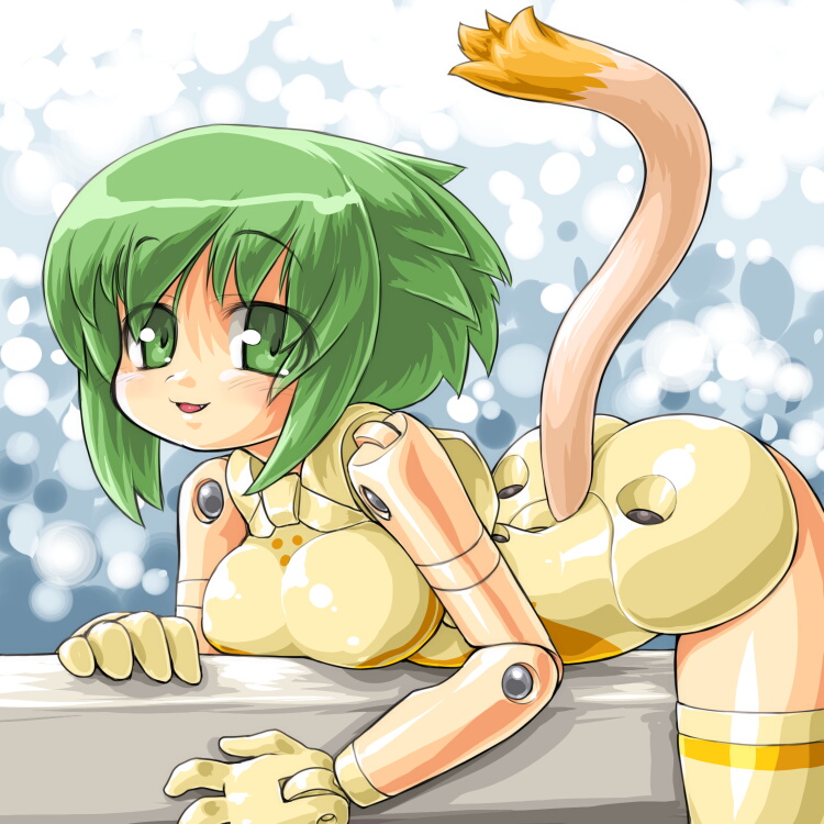 :d bad_id bad_pixiv_id bangs bare_shoulders blush breast_rest breasts busou_shinki cowboy_shot dd_(ijigendd) doll_joints eyes_visible_through_hair fang from_side gloves green_eyes green_hair large_breasts leotard looking_at_viewer lying maochao on_stomach open_mouth short_hair smile solo straddling tail tail_through_clothes thighhighs yellow_gloves yellow_legwear yellow_leotard
