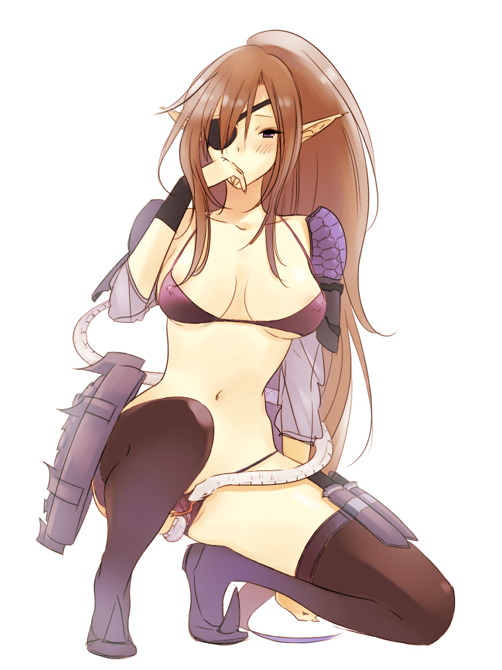 armor bestiality bikini breasts brown_hair cleavage copyright_request elf eyepatch knife koutarou_(farthest) large_breasts midriff navel pointy_ears ponytail shield snake solo swimsuit thighhighs