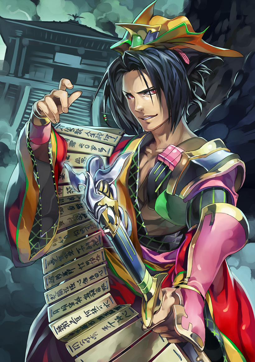 arm_guards black_hair building capelet card dutch_angle looking_at_viewer male_focus original outdoors outstretched_arm ryuutetsu solo stairs sword temple upper_body weapon