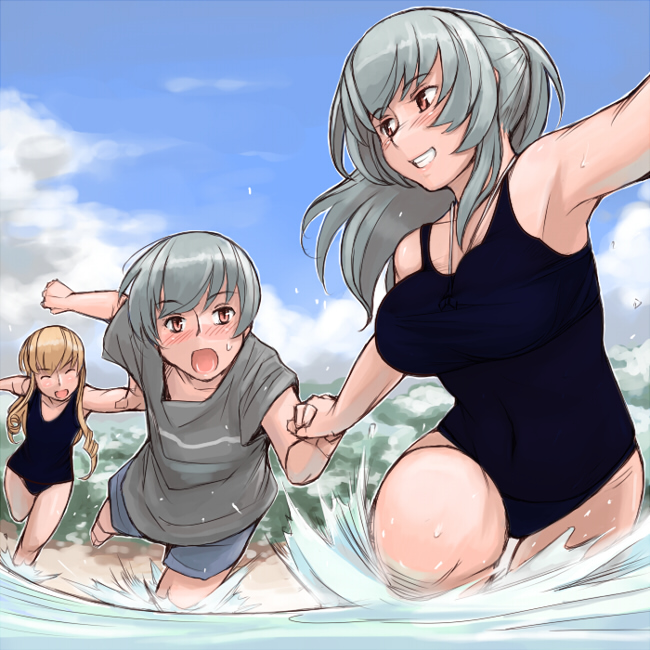 2girls beach black_school_swimsuit blonde_hair breasts day large_breasts multiple_girls older one-piece_swimsuit rozen_maiden school_swimsuit shinku silver_hair suigintou swimsuit third-party_edit tsuda_nanafushi