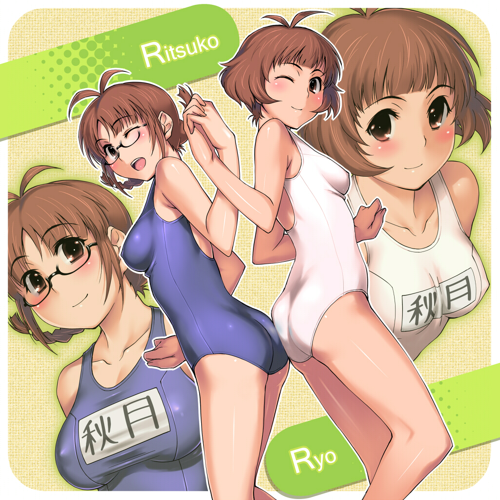 1girl akizuki_ritsuko akizuki_ryou antenna_hair ass ass-to-ass back-to-back bare_shoulders braid breasts brown_eyes brown_hair commentary_request covered_nipples genderswap genderswap_(mtf) holding_hands idolmaster idolmaster_(classic) idolmaster_dearly_stars large_breasts one-piece_swimsuit one_eye_closed school_swimsuit seki_suzume short_hair swimsuit thighs white_school_swimsuit white_swimsuit