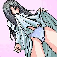 1girl black_hair blue_panties blush brown_eyes dress dress_lift hair_over_one_eye legs long_hair lowres panties pantyshot solo the_ring thighs underwear yamamura_sadako