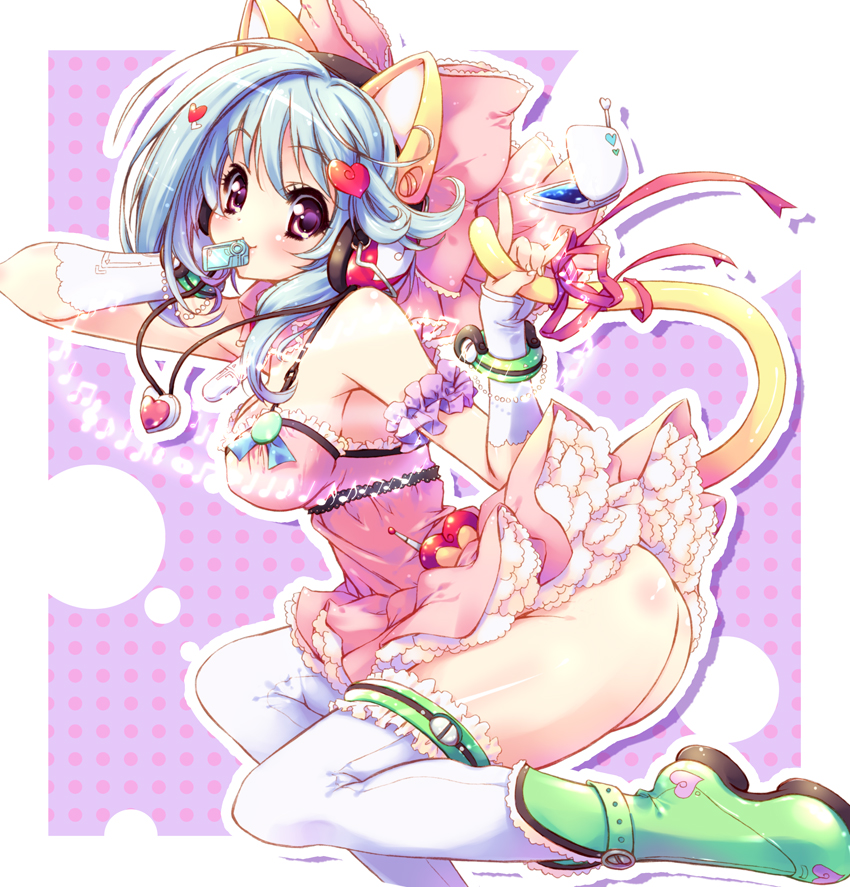 animal_ears ass bare_shoulders blue_hair boots bow bracelet breasts cat_ears cat_tail fingerless_gloves frills garters gloves green_footwear hair_bow hair_ornament headphones heart holding_own_tail jewelry large_breasts mouth_hold no_panties original pandaki_(aki) purple_eyes ribbon short_hair skirt skirt_lift solo tail tail_grab tail_ribbon thighhighs white_legwear