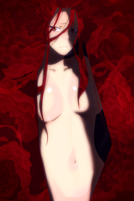 bad_id bad_pixiv_id breasts copyright_request flower gap kosame_daizu large_breasts long_hair nude red_eyes red_hair rose solo