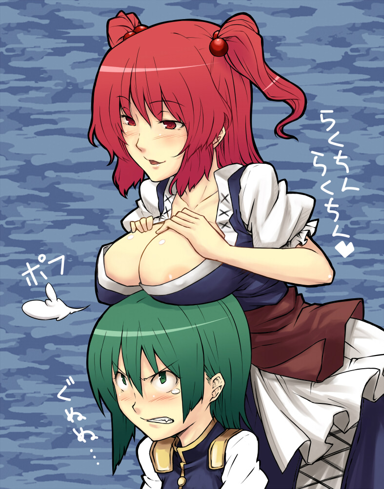 angry areola_slip areolae breast_rest breasts breasts_on_head cleavage green_hair hair_bobbles hair_ornament hiroya_juuren large_breasts looking_up multiple_girls onozuka_komachi red_hair shiki_eiki teasing touhou two_side_up