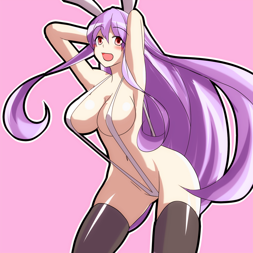 animal_ears armpits arms_behind_head arms_up bad_id bad_pixiv_id black_legwear breasts bunny_ears huge_breasts long_hair open_mouth purple_eyes red_eyes reisen_udongein_inaba slingshot_swimsuit solo swimsuit thighhighs touhou very_long_hair yamane_akira