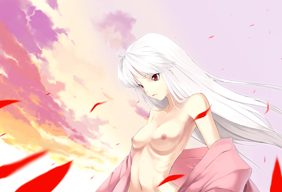 albino bad_id bad_pixiv_id breasts cloud large_breasts long_hair navel nirohi original red_eyes sky solo undressing white_hair