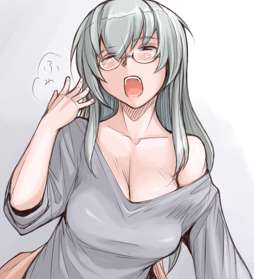 bare_shoulders breasts casual cleavage glasses large_breasts off_shoulder older one_eye_closed rozen_maiden solo suigintou tsuda_nanafushi yawning