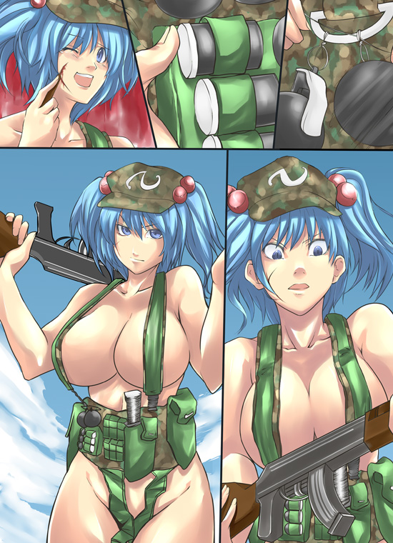 assault_rifle blue_eyes blue_hair breasts commando_(movie) explosive grenade gun hair_bobbles hair_ornament hat jiete kawashiro_nitori knife large_breasts parody pouch rifle scar touhou twintails two_side_up weapon