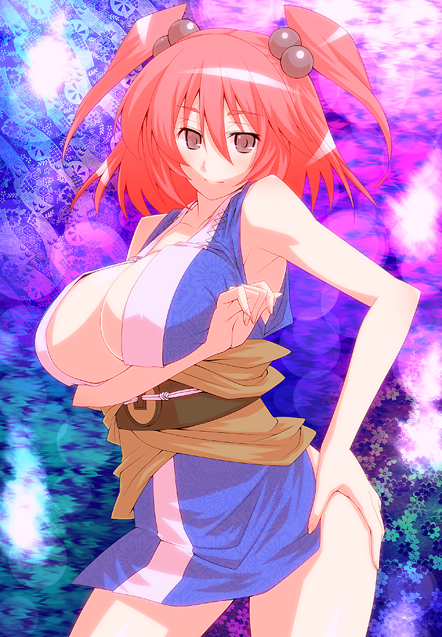armpits breast_hold breasts cleavage hair_bobbles hair_ornament hand_on_hip hips huge_breasts onozuka_komachi pink_eyes red_hair solo touhou tro two_side_up