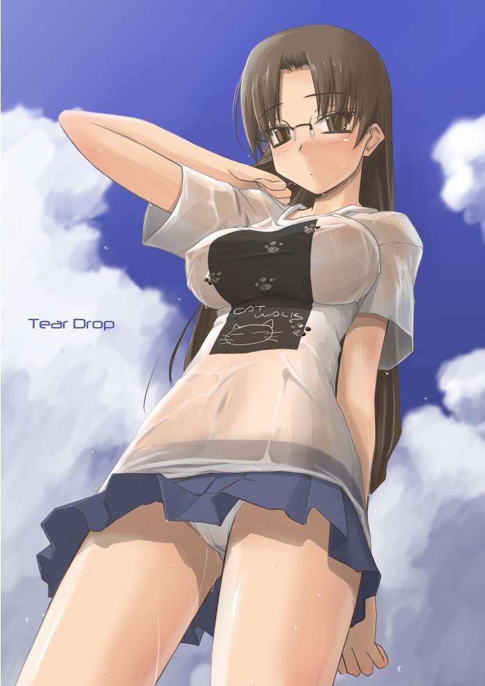 breasts brown_eyes brown_hair cameltoe cat clothes_writing cloud day from_below glasses hoshina_tomoko large_breasts long_hair looking_down navel panties paw_print see-through shirt skirt sky solo t-shirt to_heart tsuina underwear upskirt wet wet_clothes