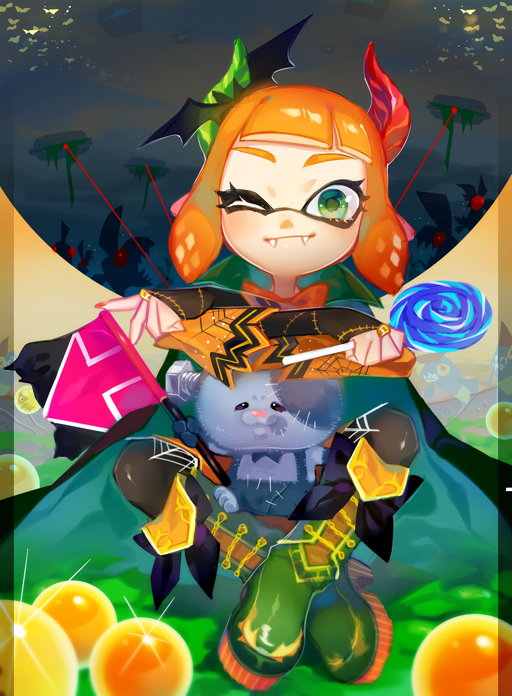 1girl ;) animal animal_hair_ornament bat_hair_ornament black_cape black_legwear boots bow bowtie bridal_gauntlets candy cape cat chum_(splatoon) closed_mouth crossed_arms domino_mask egg fangs flag food glint green_eyes green_footwear grill griller_(splatoon) hair_ornament halloween highres holding holding_lollipop horns indian_style inkling jewelry kitten kojajji-kun_(splatoon) lollipop long_sleeves mask nail_polish o_(maru14mori) one_eye_closed orange_hair pantyhose pointy_ears red_nails ring salmon_run salmonid screw short_hair sitting smile sparkle spider_web_print splatoon splatoon_(series) splatoon_2 stitches swirl_lollipop tentacle_hair