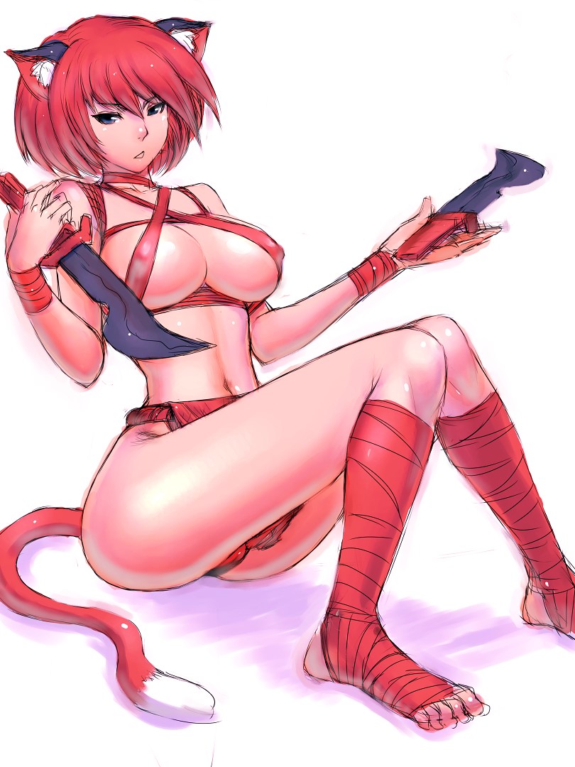 animal_ears bandages blue_eyes breasts cat_ears cleavage copyright_request covered_nipples dual_wielding fumio_(rsqkr) fundoshi holding japanese_clothes knife large_breasts red_hair short_hair sketch solo tail