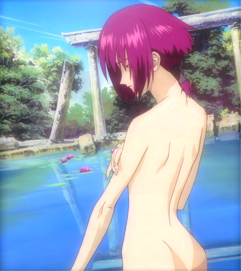 artist_request ass back bath bob_cut cel chloe_(noir) convenient_arm covering day noir nude outdoors ponytail purple_hair reflection ruins short_hair solo