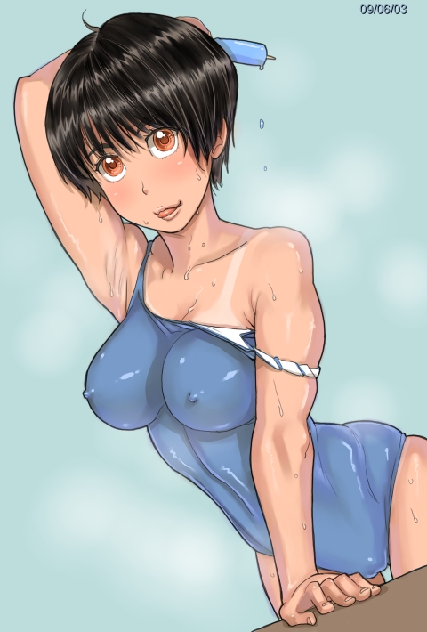 aqua_background arm_support arm_up armpits ayumu_(zenkou) black_hair blush breasts cameltoe covered_nipples dated dutch_angle food large_breasts licking_lips one-piece_swimsuit one-piece_tan orange_eyes original popsicle short_hair skin_tight skindentation solo strap_slip sweat swimsuit tan tanline toned tongue tongue_out zenkou