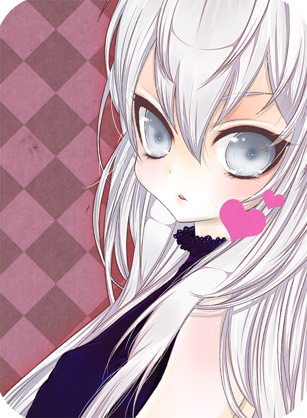 argyle argyle_background bad_id bad_pixiv_id bare_shoulders blue_eyes copyright_request covered_nipples flat_chest heart long_hair open_mouth sakiyo_cake simple_background solo turtleneck white_hair