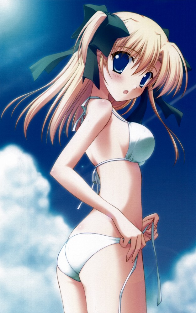 adjusting_clothes adjusting_swimsuit ass bikini blonde blonde_hair blue_eyes breasts cloud clouds from_behind hair_ribbon looking_back looking_behind naru_nanao open_mouth ribbon swimsuit