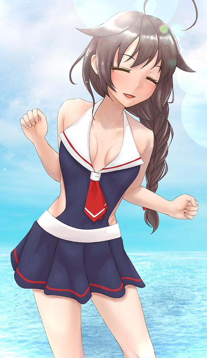 1girl adapted_costume ahoge black_skirt black_swimsuit blue_sky braid breasts brown_hair casual_one-piece_swimsuit cloud commentary_request cowboy_shot day eyes_closed facing_viewer hair_flaps hair_over_shoulder horizon kantai_collection leaning_forward lens_flare namiki_kojiro neckerchief ocean one-piece_swimsuit open_mouth outdoors pleated_skirt red_neckwear remodel_(kantai_collection) shigure_(kantai_collection) single_braid skirt sky small_breasts solo standing swimsuit