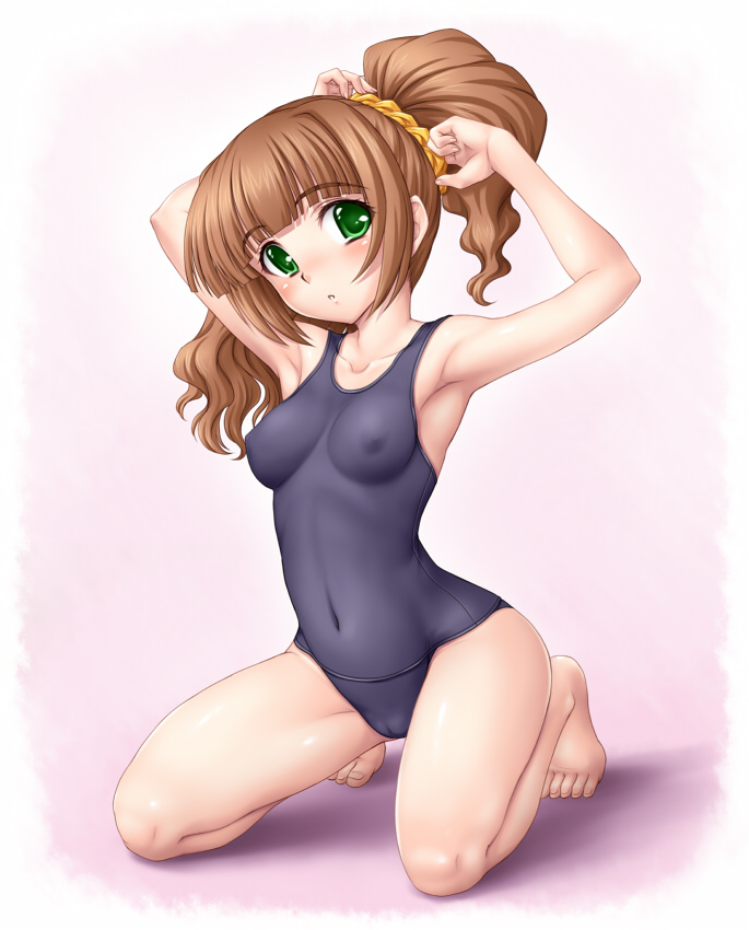 adjusting_hair amane_(funfun) armpits barefoot breasts brown_hair cameltoe covered_nipples green_eyes hairdressing idolmaster idolmaster_(classic) kneeling one-piece_swimsuit school_swimsuit skin_tight small_breasts solo swimsuit takatsuki_yayoi twintails