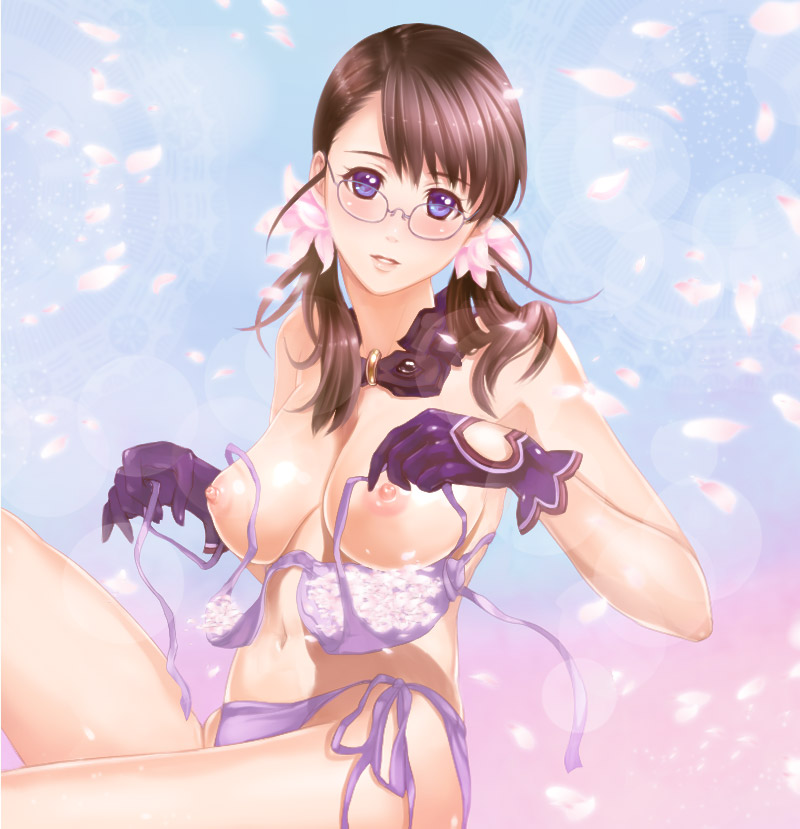 alternate_breast_size blue_eyes bra bra_removed breasts brown_hair cattleya cherry_blossoms dressing furayu_(flayu) glasses gloves heart large_breasts lingerie long_hair navel nipples panties petals queen's_blade side-tie_panties sitting solo topless twintails underwear younger