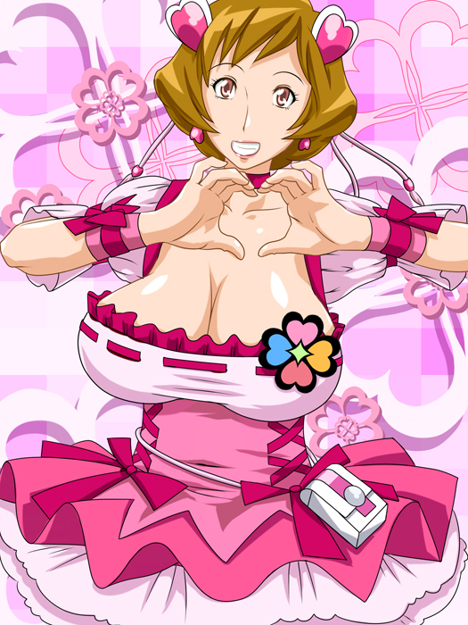 breasts brown_hair choker cleavage cosplay cure_peach cure_peach_(cosplay) fresh_precure! grin hair_ornament heart heart_hair_ornament heart_hands huge_breasts looking_at_viewer magical_girl momozono_ayumi pink_choker precure short_hair smile solo tetsukui very_short_hair