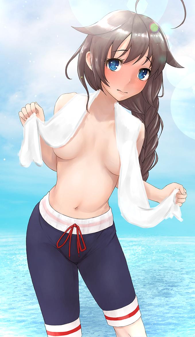 1girl ahoge blue_eyes blue_sky blush braid breasts brown_hair cloud cowboy_shot crossdressing day embarrassed hair_flaps hair_over_shoulder horizon jammers kantai_collection leaning_forward lens_flare looking_at_viewer male_swimwear namiki_kojiro ocean outdoors remodel_(kantai_collection) shigure_(kantai_collection) single_braid sky small_breasts solo standing swimwear towel towel_around_neck white_towel