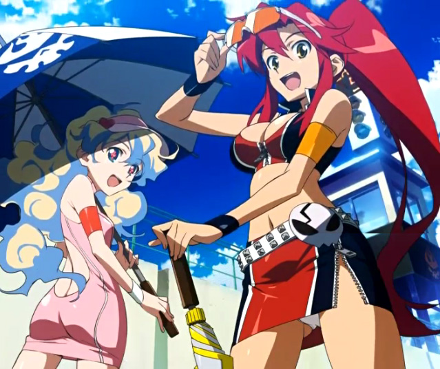 ass ass_visible_through_thighs breasts cleavage dress large_breasts medium_breasts midriff multiple_girls nia_teppelin non-web_source panties pantyshot pieces_of_sweet_stars race_queen screencap sunglasses tengen_toppa_gurren_lagann umbrella underwear upskirt white_panties yoko_littner