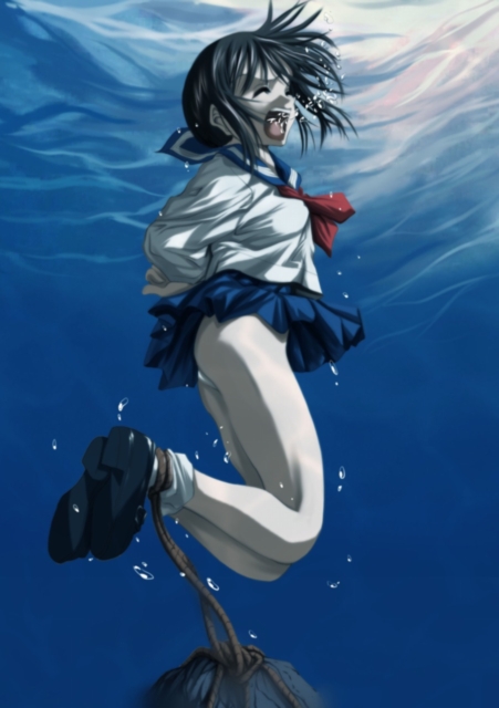 1girl air_bubble anchor asphyxiation atelier_wadatsumi bad_end breath bubble bubbles doomed drown drowning guro open_mouth panties pantyshot peril rope school_uniform schoolgirl screaming serafuku shouting skirt solo tied tied_up underwater underwear upskirt water yelling