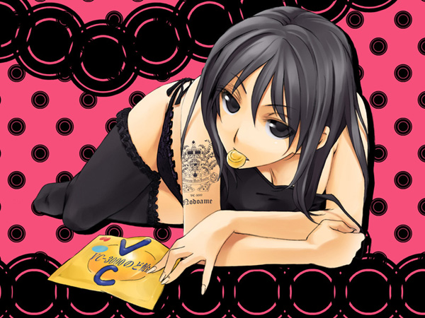 black_hair camisole candy copyright_request food lying mouth_hold panties poaro solo strap_slip tattoo thighhighs underwear