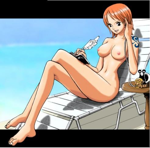 barefoot breasts den_den_mushi legs_crossed lounge_chair nami nipples nude one_piece short_hair tagme tattoo
