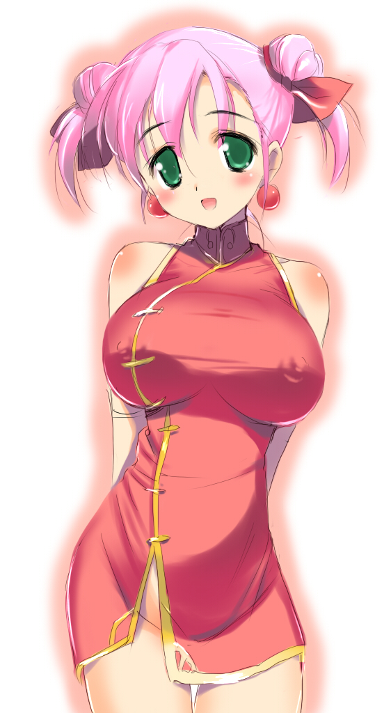 arms_behind_back bare_shoulders blush breasts china_dress chinese_clothes covered_nipples double_bun dress earrings final_fantasy final_fantasy_v green_eyes happy hima jewelry large_breasts lenna_charlotte_tycoon monk_(final_fantasy) no_panties pink_hair short_hair solo
