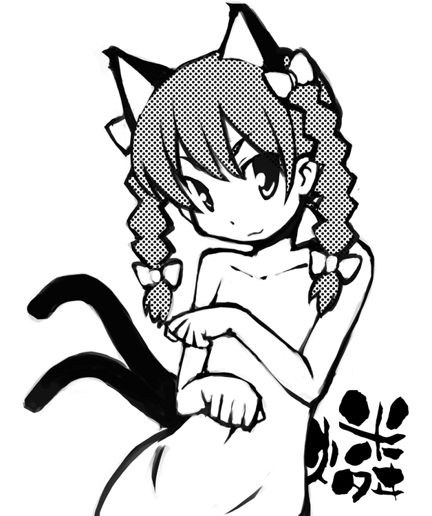 animal_ears braid cat_ears cat_tail flat_chest greyscale halftone high_contrast kaenbyou_rin kanno monochrome multiple_tails navel nude solo tail touhou twin_braids