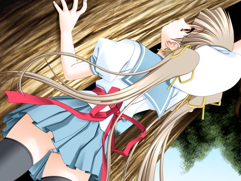 brown_eyes brown_hair dutch_angle hat long_hair looking_up non-web_source panties pantyshot school_uniform serafuku solo thighhighs tree twintails underwear