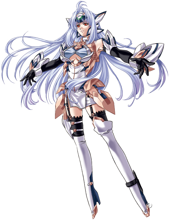 android antenna_hair armor armpits black_gloves blue_hair boots breasts cleavage_cutout dress elbow_gloves full_body garter_straps gloves helmet high_heel_boots high_heels kos-mos kos-mos_ver._4 kouno_sachiko large_breasts long_hair looking_away no_bra official_art outstretched_arms red_eyes shoes short_dress sidelocks simple_background smile solo spread_arms super_robot_wars super_robot_wars_og_saga_mugen_no_frontier thigh_boots thighhighs turtleneck underboob very_long_hair watermark white_legwear xenosaga xenosaga_episode_iii zettai_ryouiki