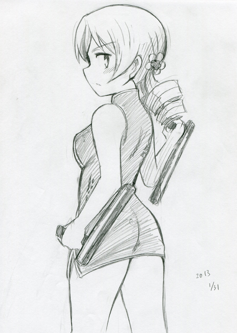 1girl 2013 ass china_dress chinese_clothes dated dress drill_hair female from_behind holding holding_weapon mahou_shoujo_madoka_magica monochrome short_dress sleeveless sleeveless_dress solo takeshisu tomoe_mami traditional_media weapon white_background