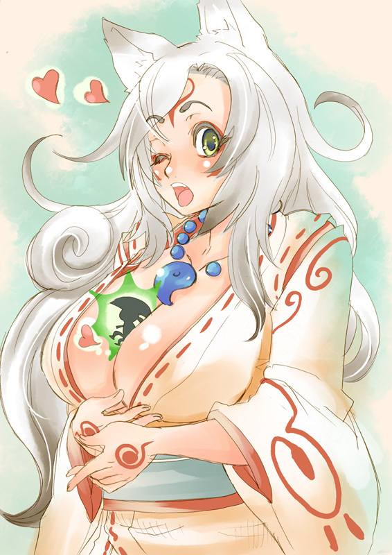 amaterasu animal_ears breasts cleavage heart huge_breasts issun japanese_clothes long_hair necklace okami open_mouth orange_eyes personification tagme white_hair