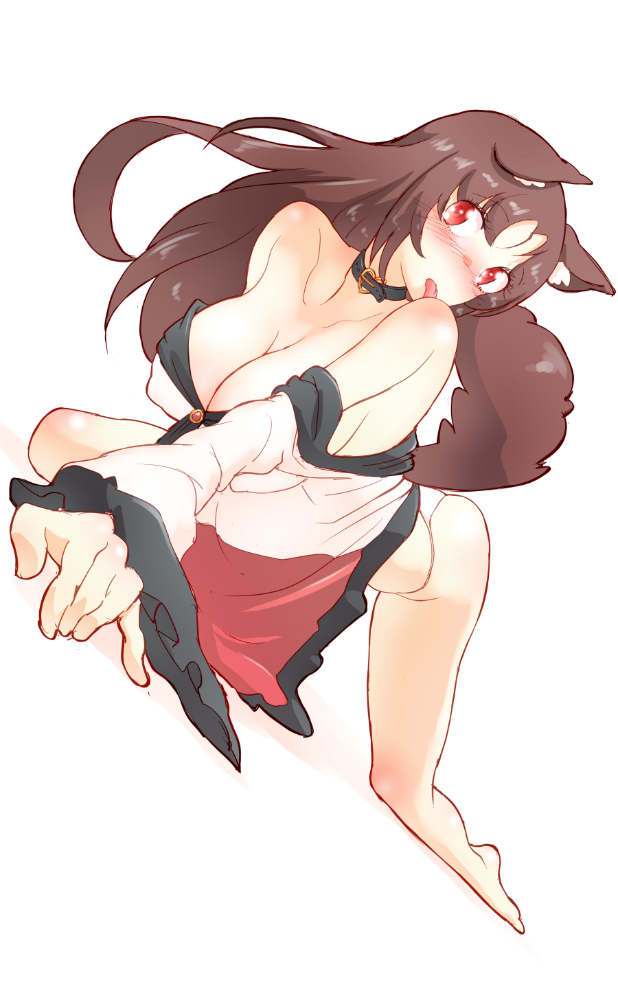 1girl all_fours animal_ears bare_shoulders barefoot blush breasts brown_hair choker cleavage detached_sleeves dress dress_lift erect_nipples eyebrows_visible_through_hair full_body hanging_breasts head_tilt highres huge_breasts imaizumi_kagerou licking_self licking_shoulder long_hair looking_to_the_side no_bra no_pants non_(z-art) panties red_eyes simple_background solo tail tongue tongue_out touhou underwear white_background white_panties wide_sleeves