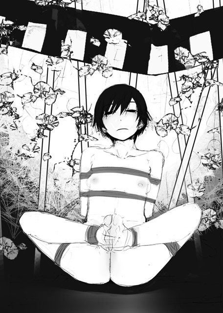 bad_id bad_pixiv_id barefoot bdsm bondage bound copyright_request flat_chest greyscale monochrome nude rope shimimaru short_hair sketch solo