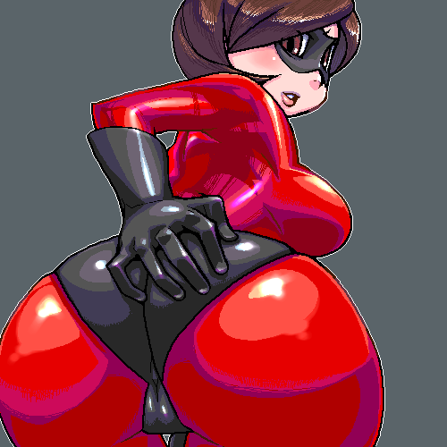 ass ass_focus bodysuit brown_eyes brown_hair cameltoe elastigirl gloves grey_background helen_parr huge_ass latex latex_gloves lowres mask matagitii oekaki shiny shiny_clothes short_hair simple_background skin_tight superhero the_incredibles