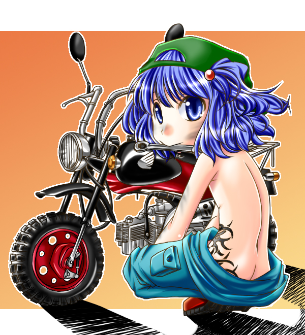 blue_eyes blue_hair butt_crack downpants flat_chest ground_vehicle hair_bobbles hair_ornament hat jude_(minority_lilac) jumpsuit kawashiro_nitori looking_back mechanic minibike motor_vehicle motorcycle mouth_hold short_hair solo tattoo topless touhou twintails two_side_up wrench